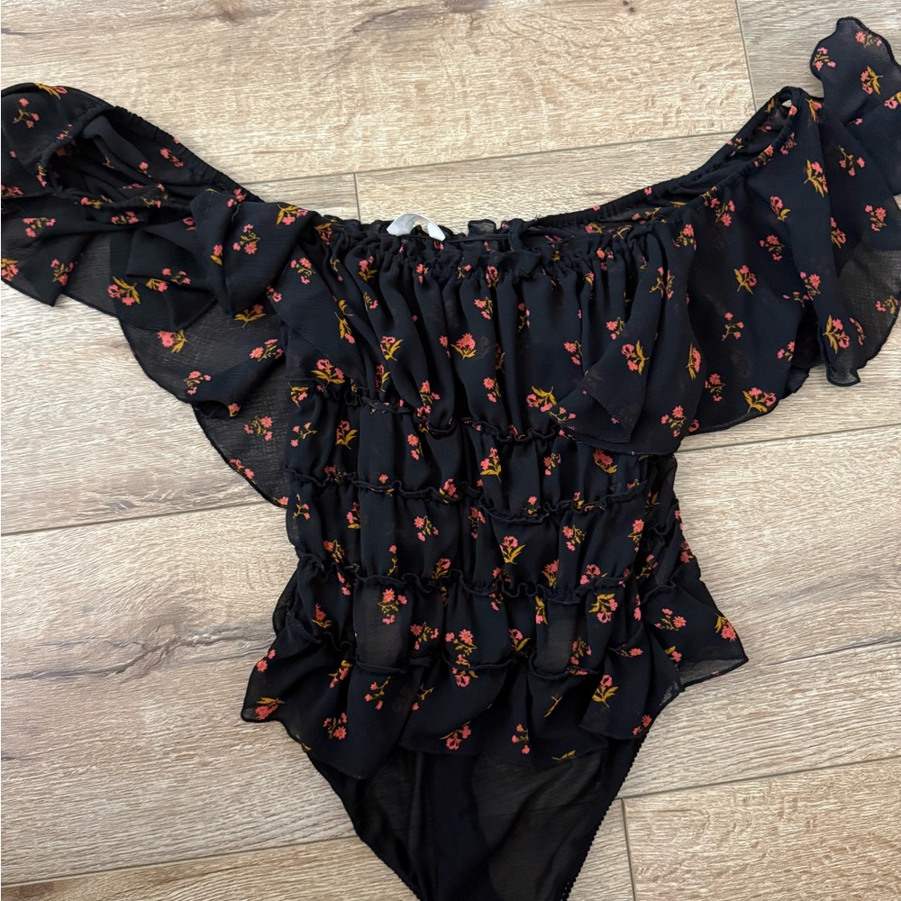 Free People Black Floral Ruffle Bodysuit
